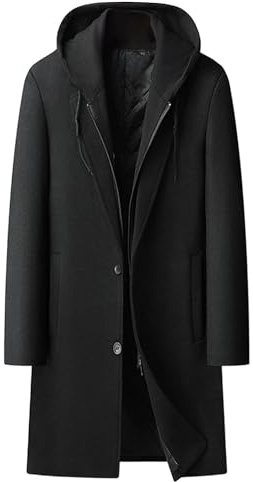 Ullrock för män lång trenchcoat enkelknäppt mellanlång ärtrock klassisk affärslång jacka med halsduk, Svart, L