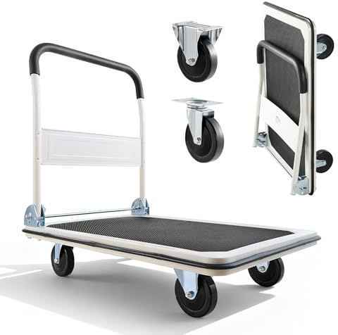 VEVOR Carro Plataforma Plegable 900 x 610 mm, Carretilla de Transporte Carga de 299,37 kg, Carrito Portaequipajes con Plataforma con Ruedas de PVC de 123 mm, para Tareas Domésticas, Almacén, Mudanza