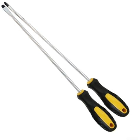 Destornillador ranurado de longitud extendida de 12 pulgadas de largo con mango de goma para zonas de difícil acceso, hecho de acero al cromo vanadio, cruceta y cabeza plana (juego de 2 piezas)