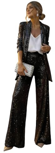 VerverSenceiy Completo da donna con paillettes composto da un elegante blazer con scollo a V e pantaloni a vita alta e gamba larga, un scintillante completo da festa in due pezzi. (Nero,XL)