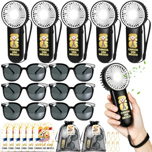 WIURGOHA 2026 Soccer Portable Fan Set – 6 Pack Mini Fans Bulk with Lanyard, Sunglasses, Cards, Hanger & Gift Bags – Game Day Outdoor Party Favors for World Soccer Lovers(Batteries Not Included)