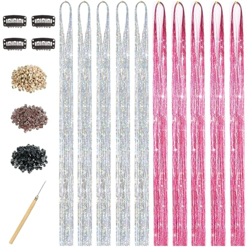 Hair Tinsel Kit for Girls, 10 Pcs 4200 Strands Fairy Tinsel Hair Extensions Holographic Hair Tinsel Heat Resistant Colored Hair Glitter Christmas Party Festival (Sliver+Pink)