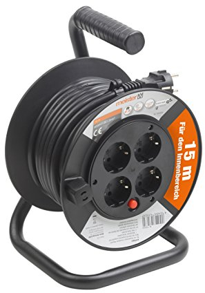 Meister Kabeltrommel Mini, H05VV-F3G1,5, IP20 - 15 m Kabel - Thermoschutz-Schalter - Indoor / Kabelrolle mit 4 Steckdosen / Kabelbox mit Verlängerungskabel / Leitungsroller mit Kurbel / 7435830