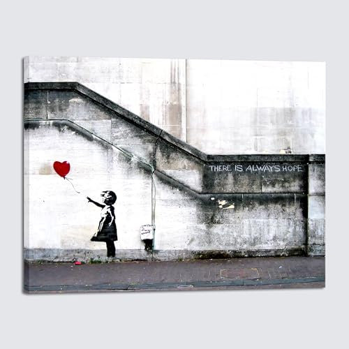 Wieco Art Large Canvas Prints of Banksy Grafitti Girl with Red Balloon Grey Love Pictures Paintings for Living Room Bedroom Home Decorations Modern Framed Giclee Artwork