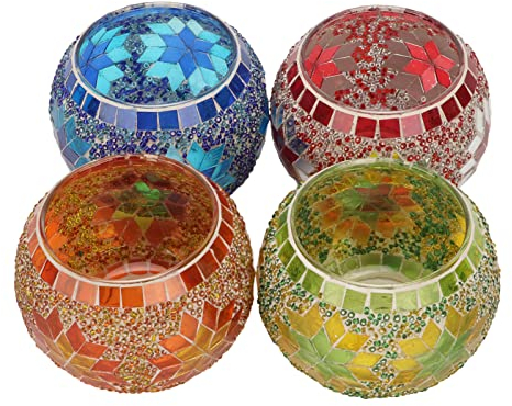 Pssopp 4 Confezioni Portacandele in Vetro con Vasetto Vintage Porta Luci da tè con Mosaico Romantico Portacandele in Vetro per Cena da Bar a Casa