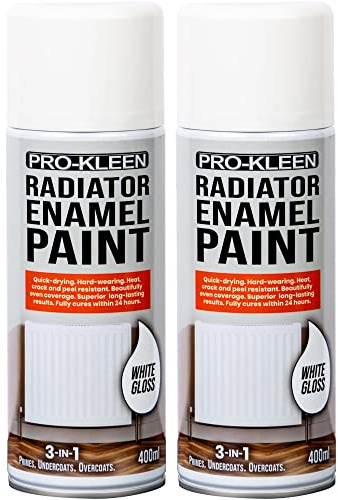 Pro-Kleen Radiator Enamel Spray Paint White Gloss 2 x 400ml - Heat Resistant up to 100ºC - For Radiators, Hot Pipes, Water Tanks & More - Fast Drying & No Primer Needed