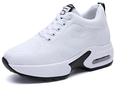 Basket Femme Talon Compensé Haut Semelle Légères Respirante Sneakers Gym Fitness Tennis Outdoor Walking Chaussures(Blanc-A,39)