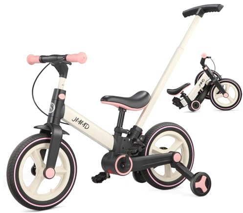JMMD Bicicletta 6-in-1 per Bambini con Rotelle e Pedali, Età 18 Mesi-5 Anni, Bici senza Pedali Convertibile e Pieghevole 12 Pollici & Bici a Pedali con Maniglia Genitore Regolabile, Cavalletto, Freni