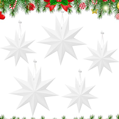 Forhome Pack de 5 Estrellas de Papel Navideñas Plegables, 30 cm 45 cm Decorativas, Colgantes para Decoración Navideña y Accesorios de Fiestas, Blanco