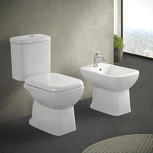 Coppia di sanitari monoblocco con scarico a pavimento e cassetta in ceramica, copriwc originale modello avvolgente, GINEVRA
