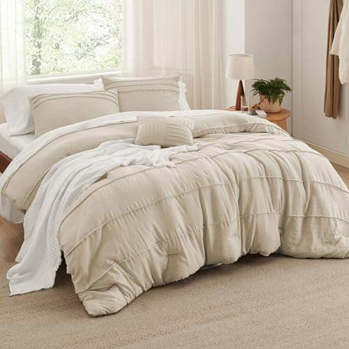 Bedsure California King Comforter Set - 4 Pieces Pinch Pleat Bed in A Bag, Linen Boho Bedding Sets for Summer, 1 Soft Comforter, 2 Pillowcases, 1 Decorative Pillow