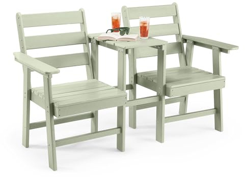 VonHaus Adirondack Love Seat for Garden - 2 Seater Sage Green Jack & Jill Loveseat Patio Set - 2 Person HDPE Companion Set with Built-in Parasol Hole for Terrace, Balcony & Outdoor - Westport