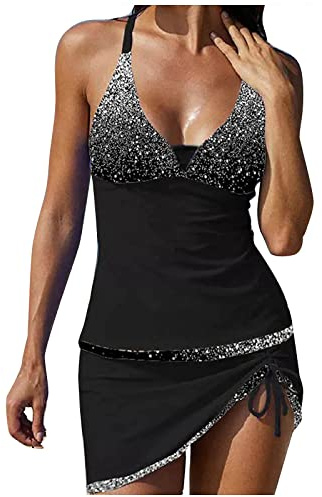 Conjuntos de bikini para mujer de dos piezas Tankini Set Sparkly Tankini Set con falda elegante 2 piezas traje de baño abdomen traje de baño bloque de color traje de baño Sexy Push Up Swimsuit