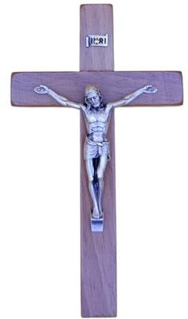 Crucifijo de pared – Artesanal fabricado en Italia Cristo e INRI chapado en plata 999 – Crucifijos de pared de madera, madera de nogal noble – Cuidado y precisión de los detalles de Jesús – 16,5 x 9,5