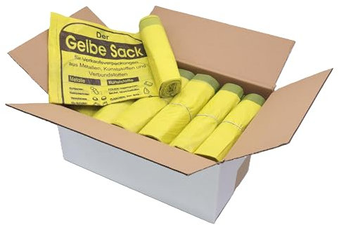 Lot de 20 rouleaux de sacs jaunes dans un carton (260 pièces), sacs recyclables de 90 l, 13 sacs par rouleau, avec cordon de serrage pratique, épaisseur du matériau : 15 µ