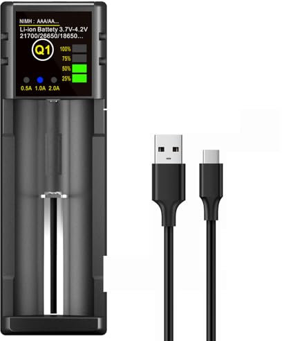 Chargeur de Batterie 18650, Chargeur de Batterie 1 Baie avec écran LCD Intelligent, Charge Rapide pour Batteries Rechargeables Li-ION, NI-MH, NI-CD AA AAA C 21700 26650 13650 16340 18350 18700