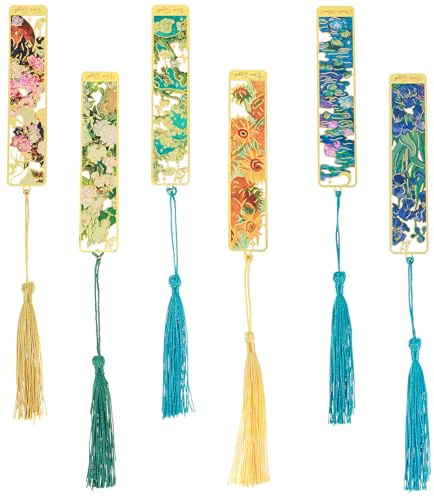 Ouligay 6 stycken blommor bokmärken metall i vintage oljemålning stil guld ihåliga bokmärken med tofs present för bokälskare bästa vän metallbokmärke för läsare lärare böcker tillbehör