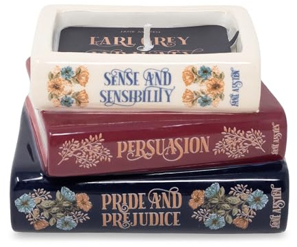 Steel Mill & Co Novelty Shaped Book Theme Scented Candle, Library Stack 6.5 oz Wax Candle with Notes of Earl Gray Tea and Honey, Unique Gift for Mother's Day (Jane Austen)