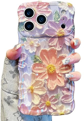 UEEBAI Flower Case for iPhone 17 Pro Case, Colorful Retro Oil Painting Girly Phone Cover Pretty Glossy Pattern Wave Cover Cute Sparkly Floral Curly Shell for Women and Girl, Pink Purple