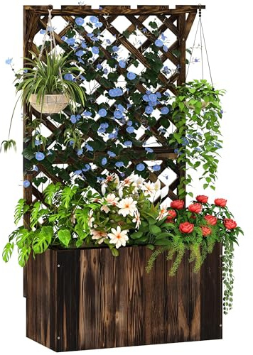 Outsunny Hochbeet Pflanzkasten mit Rankgitter Dach Spalier Pflanzkübel Blumenkasten Holz, Gartenspalier 64 x 33 x 122cm für Garten Balkon Terrasse, Blumenkübel für Kletterpflanzen Korbpflanzen, Blumen
