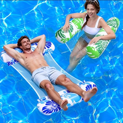 2 Piezas Colchoneta Piscina Adultos,4 In 1 Flotadores Piscina Hamaca Hinchable,Hamaca Agua Colchoneta Red,Colchonetas Hinchables para Piscinas,Colchoneta Hinchable Agua Sillon Adultos