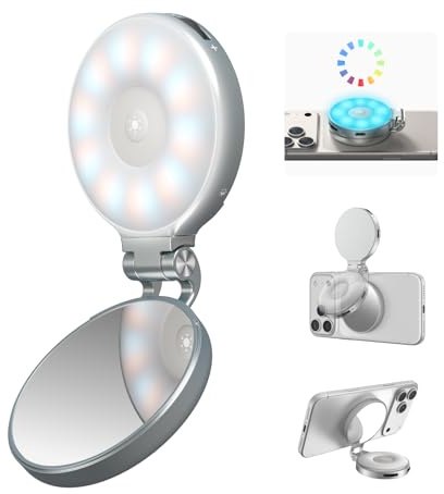 TELESIN Upgraded 4-in-1 Magnetic RGB Selfie Ring Light with Mirror & Phone Stand, Rechargeable Portable Clip On Fill Light for iPhone Samsung TikTok, Vlogging, Makeup, Photography, Streaming