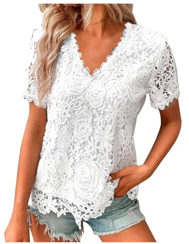 Haut Dentelle Femme Tee Shirt Double Épaisseur Crochet T-Shirt Femme Col Rond Manches Courtes Top Femme Ample Uni Sexy Chic Élégant Décontracté Léger Respirant Été Sortie Soirée Vacances