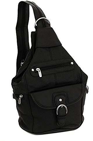Womens Leather Convertible 7 Pocket Medium Size Tear Drop Sling Backpack Purse Shoulder Bag, Black