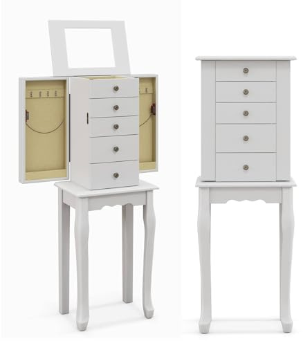 COSTWAY Jewelry Cabinet Armoire with 5 Drawers & Side Swing Doors & Flip up Mirror, Smooth Painted Surface, Freestanding Storage Chest Stand, Wood Organizer, Home Furniture (White)