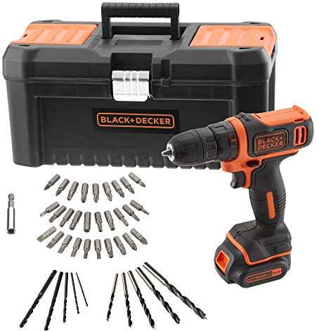 BLACK+DECKER BDCDD121KA-QW Akku-Bohrschrauber 10,8 V mit 1 Akku 1,5 Ah Lithium, 40 Zubehörteile und Werkzeugkoffer 16 Zoll