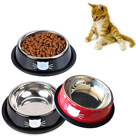 SUOXU Lot de 3 gamelles en acier inoxydable antidérapantes pour chat multifonctions 2 Noires et 1 Rouge