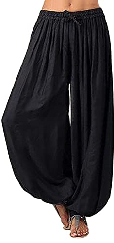 Minetom Damen Pumphose Haremshose Yoga Hose Leichte Sommerhose Sporthose Yogahose Locker Baggy Strandhose Pluderhose Freizeithose Schwarz 3XL
