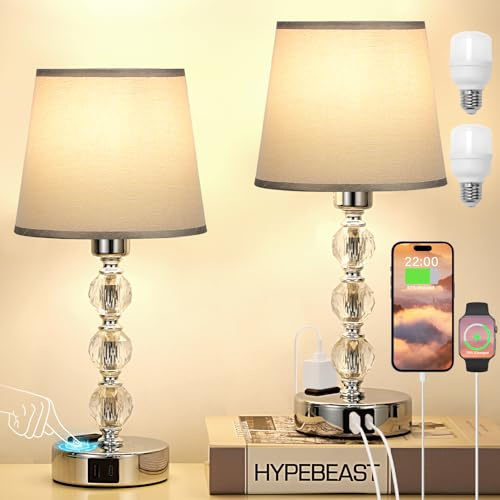 Lámpara de mesita de noche de cristal, juego de 2, Abat Jour de mesilla táctil regulable de 3 vías con puertos USB-A+C + 2 toma de CA, lámparas de mesa para dormitorio, salón, oficina (2 bombillas