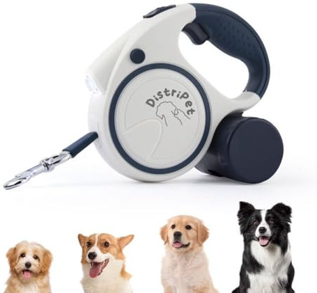 DistriPet Correa Perro Extensible, Correa Retráctil y Enrollable 5mts para Perros Pequeños y Medianos. Incluye dispensador de Bolsas y luz LED con 3 Pilas. Máximo Peso Recomendado 20kg.