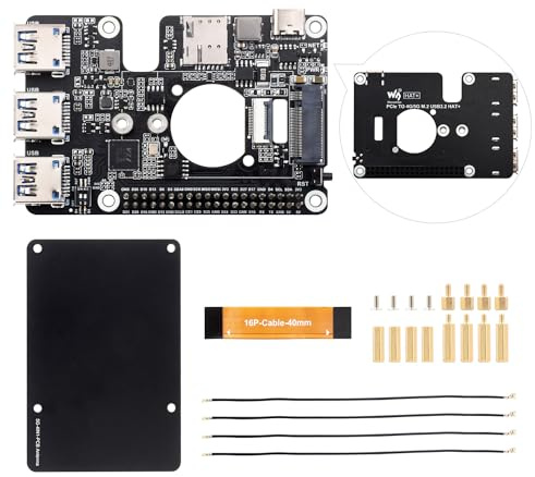 Waveshare PCIe to M.2 4G/5G and USB 3.2 HAT, Compatible with Raspberry Pi 5 Cellular Modem and SIMCom/Quectel 4G/5G LTE Modules, Comes with 5G-4IN1-PCB Antenna, High-Speed Networking