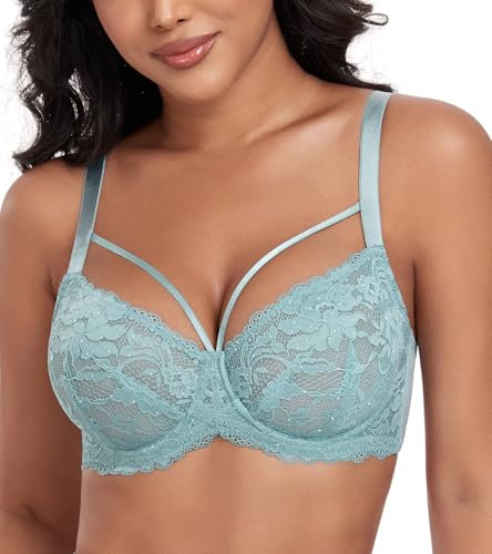 DotVol Damen Große Größen Minimizer BH Durchsichtige Ungepolsterte Spitze Unterwäsche Alltag Bra mit Schnürung(Blaugrün, 95D)