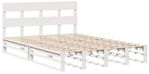 vidaXL Massivholzbett, Holzbett Bett mit Kopfteil, Bettgestell Bettrahmen mit Lattenrost, Doppelbett Palettenbett für Schlafzimmer, Weiß 120x200cm Kiefer