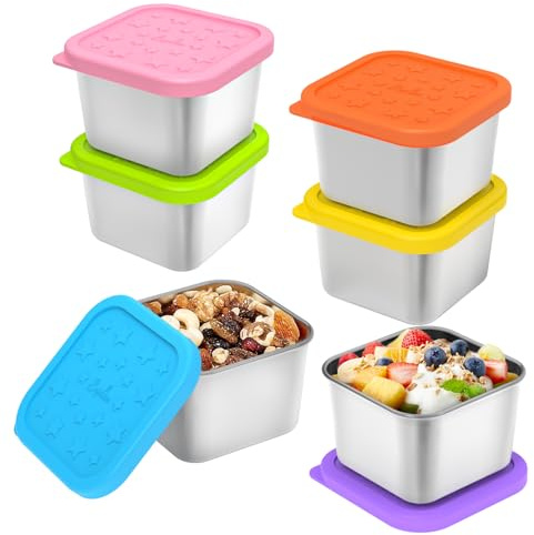 SOPHICO Stainless Steel Snack Containers for Kids, 6 oz Leak Proof Small Food Storage Container with Silicone Lid, 304 Metal Toddler Lunch Box for Daycare, School and Travel (6 Pack)
