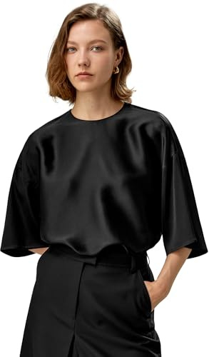 LilySilk Damen Reine Seidenbluse 32MM Doppelgewebte Seide Basic Top Mit 3/4-Ärmeln und Rundhalsausschnitt Für Urlaub Arbeit Lässig(Schwarz,S)