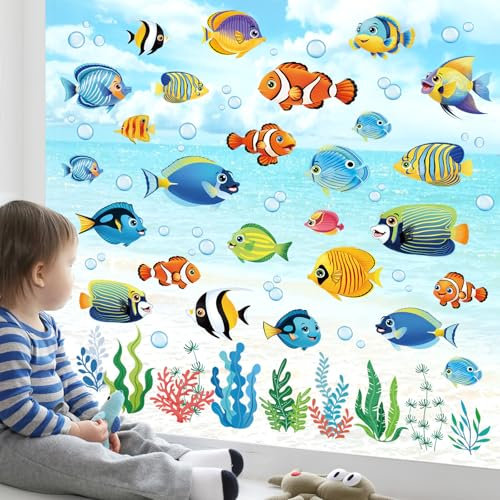 decalmile Fensteraufkleber Unter dem Meer Fische Fenster Abziehbilder Unterwasserwelt Seegras Meerestiere Fische Anti-Kollision Fenstersticker Badezimmer Glas Sommer Fensterdeko Aufkleber