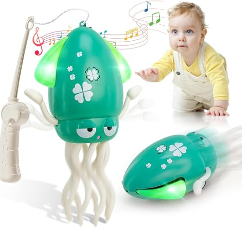 Starnearby Dancing Octopus Toy, Elektrisches Tanzender Oktopus Spielzeug, Krake Krabbelspielzeug mit Licht & Musik & Angelrute, Tummy Time Toys für Junge Mädchen (Grün)