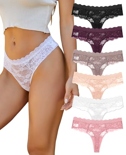 ALL OF SHE Strings Tanga Dentelle Femmes sous-vêtements Sexy Lace Lot de 6 Thongs Femmes Multipack S-XL,M