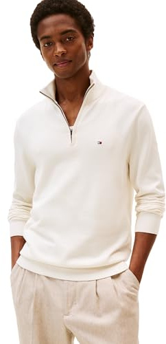 Tommy Hilfiger Men's Lightweight Pullover Quarter Zip Sweater, Ivory Petal, L