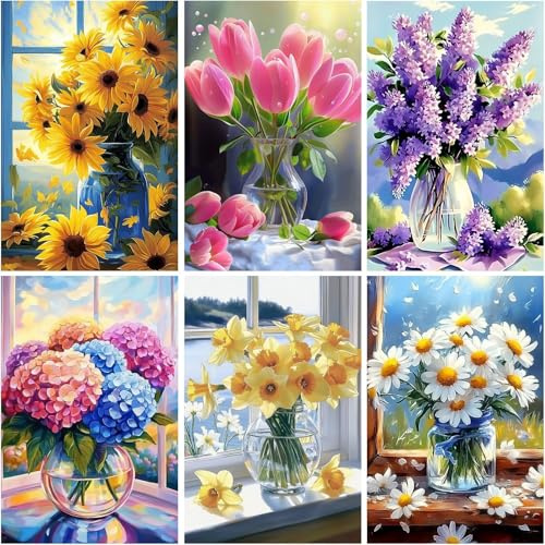 BEAYIOU 6 Pack 5D Diamond Painting Kits for Adults,Flowers Diamond Art Kits for Adults Beginners of All Ages, Round Full Drill Arts and Crafts Gems Home Wall Decor 12x16 Inches Flowers