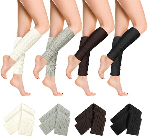 Meng Jiaran 4 Pairs Leg Warmers for Women Winter Long Leg Warmers Knit Legs Warmer Warm Long Boot Socks for 80s Party Yoga Dance,Black,White,Grey,Brown