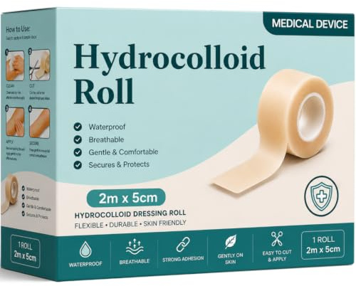 Hydrocolloid Roll 5cm x 2m - Cut-to-Size Tape for Blisters, Spots & Pimples | Hydrocolloid tape for blister plasters, pimple patches, heel protection and minor wound dressing - flexible, breathable