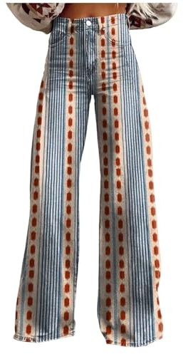 Pantalones Vaqueros Mujer Vintage Boho Estampados Cintura Alta Jeans Pierna Ancha Holgados con Bolsillos, Baggy Jeans Mujer Estilo Retro Streetwear Casual para Primavera y Otoño Moda Ropa
