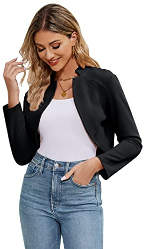 YesFashion Bolero corto para mujer, elegante, cuello alto, bolero, negocios, informal, cárdigan ligero para vaqueros y faldas, Negro , M