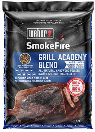 Weber Pellets en bois - Mélange Grillacademy (9kg), parfait pour fumer des légumes, du poisson et tous types de viandes, polyvalent, 100% de pellets de bois naturel (190101)
