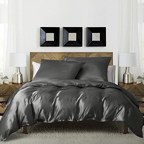 Luofanfei Bettwäsche 135x200cm 4teilig Grau Anthrazit Dunkelgrau Seide Satin Glänzend Glatt Bettwäsche Set Luxus Einfarbig Glanzsatin Polyester Bettwäsche Paare Set Einzelbett mit Reissverschluss